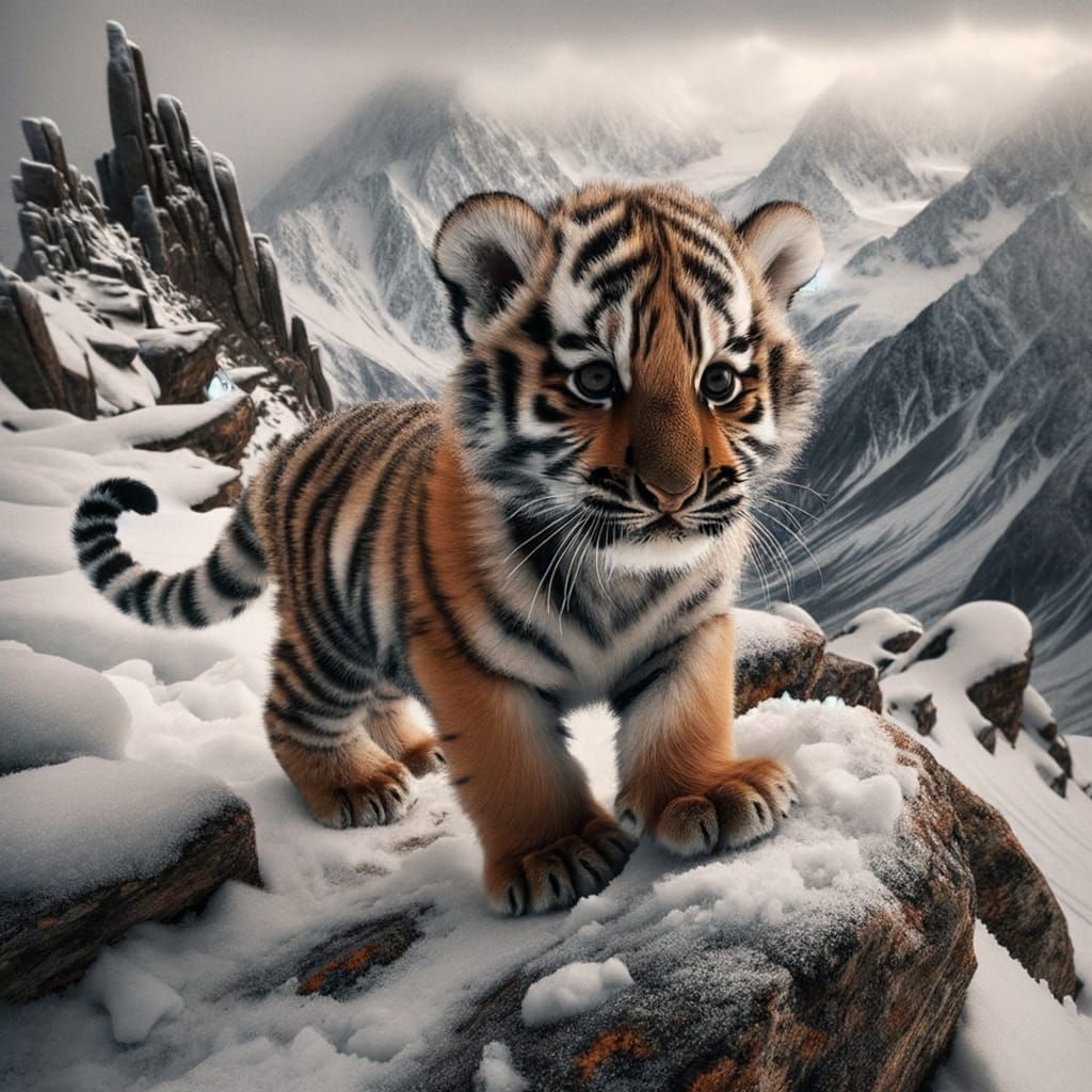Tiger Cub on Snowy Mountain with Mother