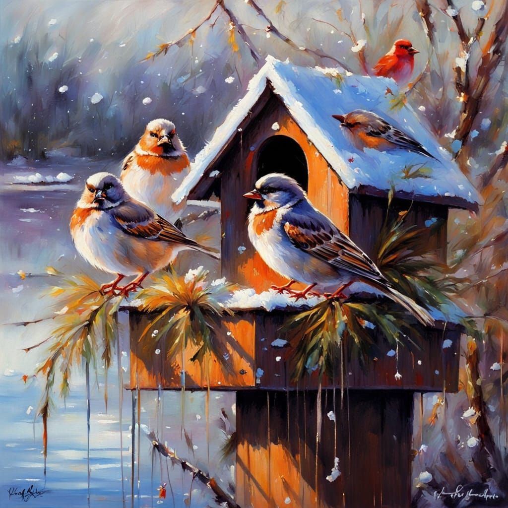 Sparrows in Birdhouse: Blacklight Neon Fantasy Painting