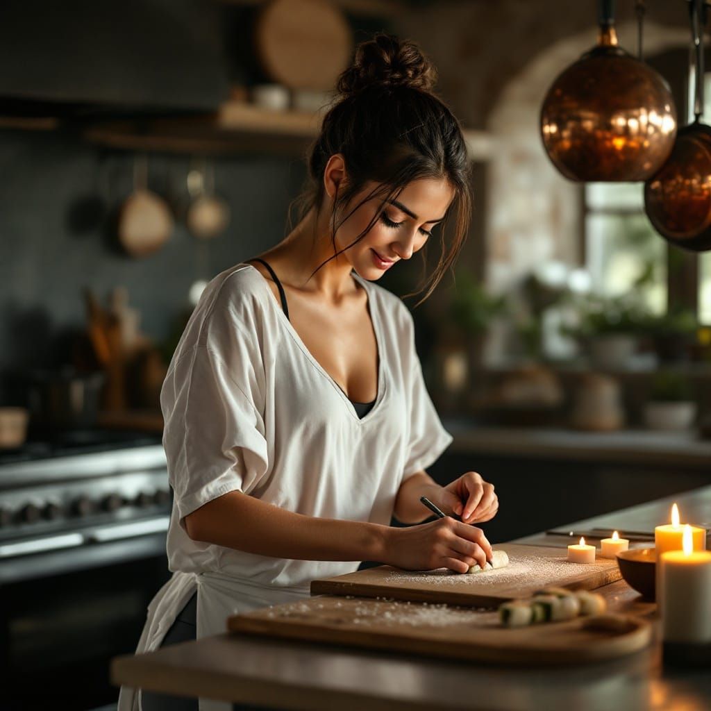 Slovak Woman in Cozy Island Kitchen