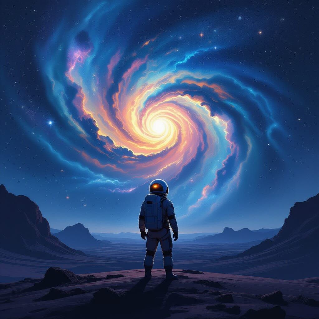 Astronaut Gazing at Distant Galaxies in Sci-Fi Art
