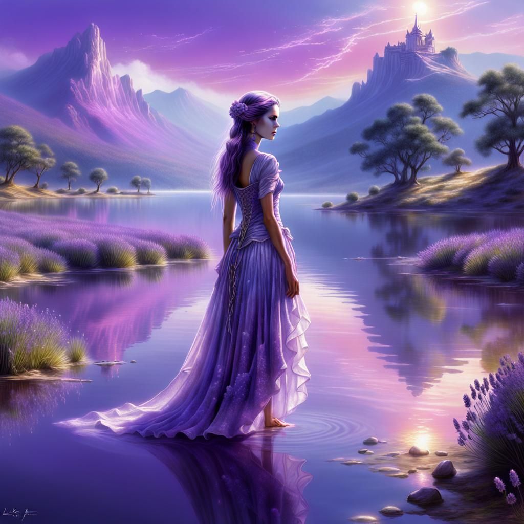 Fantasy Lady in Luminous Lake Landscape