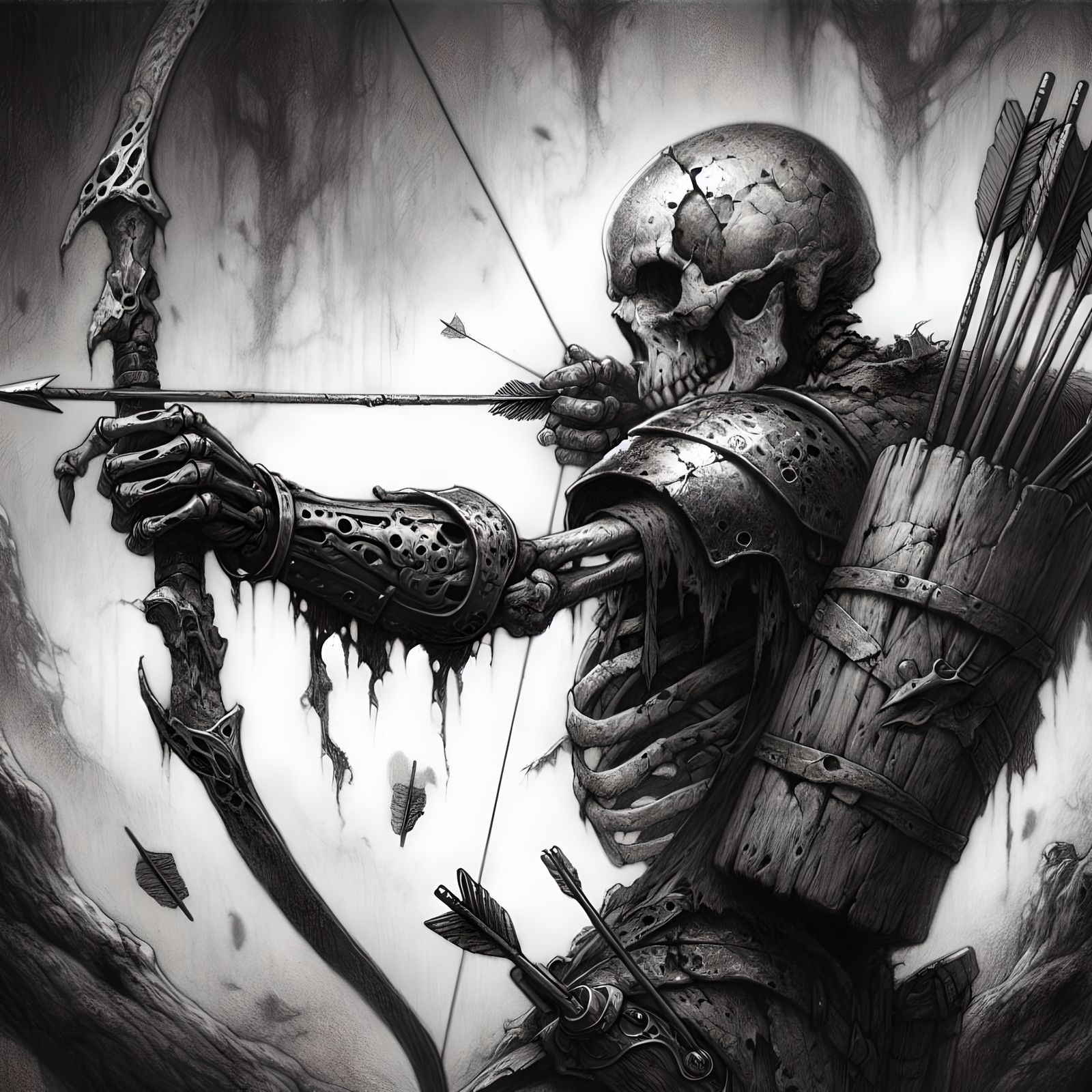 Skeleton Archer in Gloomy Forest: Pencil Sketch