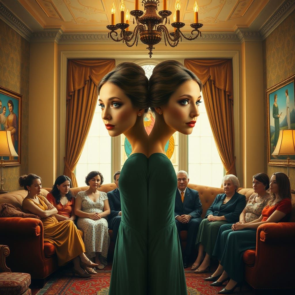 Double-Faced Enchantress in a Cozy Surrealist Scene