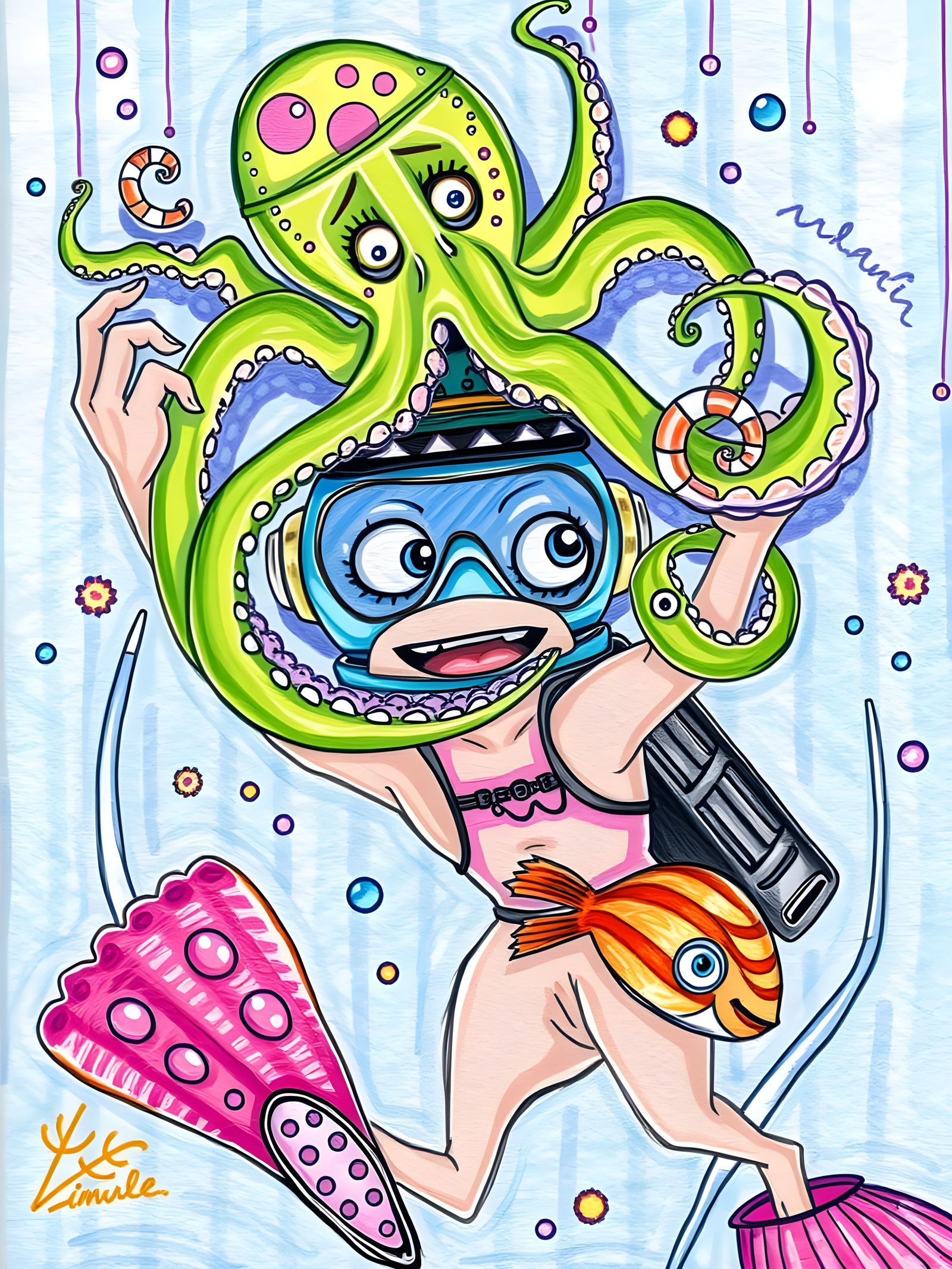 Deep Sea Diver With Playful Octopus Under Sunlit Ocean Surfa...