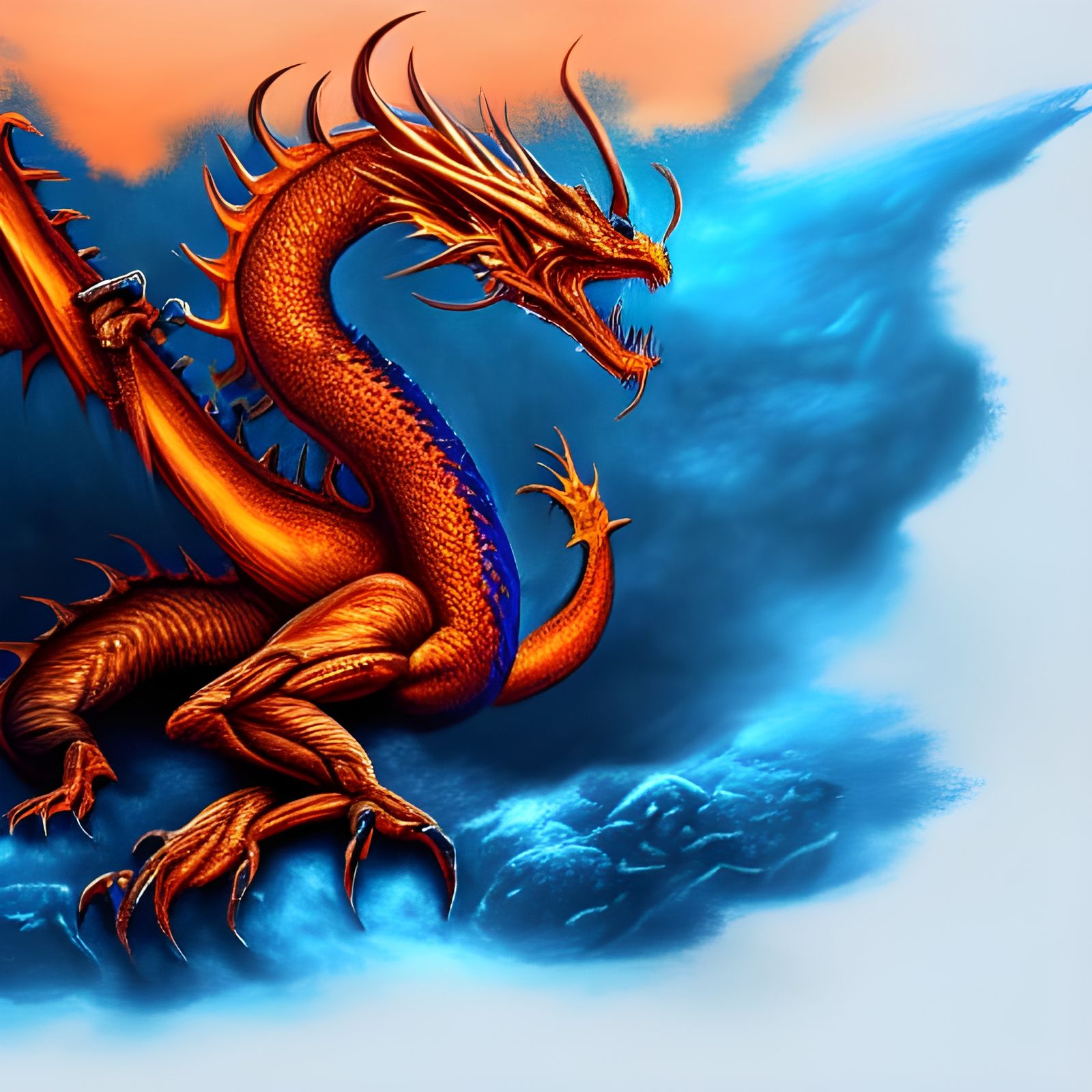 Detailed Orange and Blue Dragon in Fantasy Art