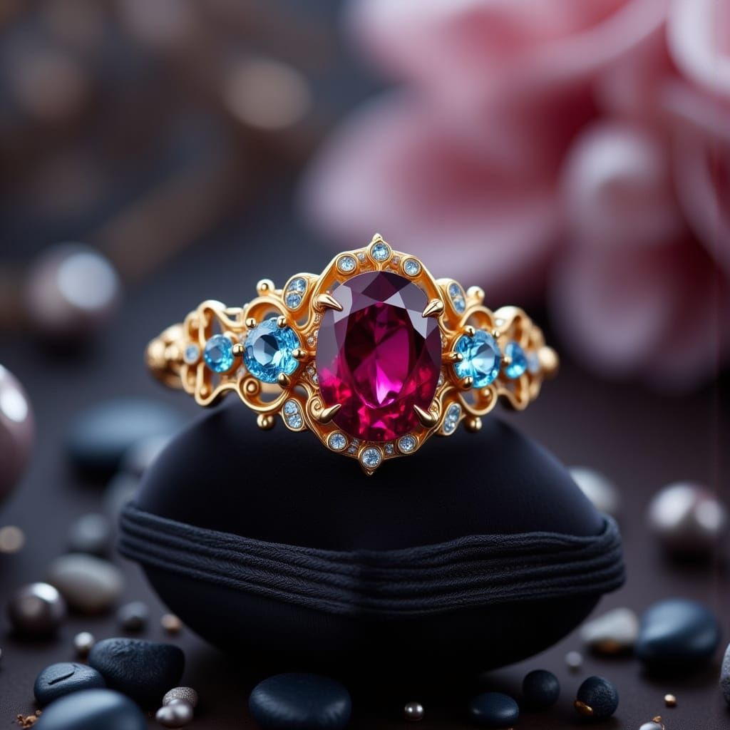 Luxurious Gold Ring with Ruby and Aquamarine Centerpiece