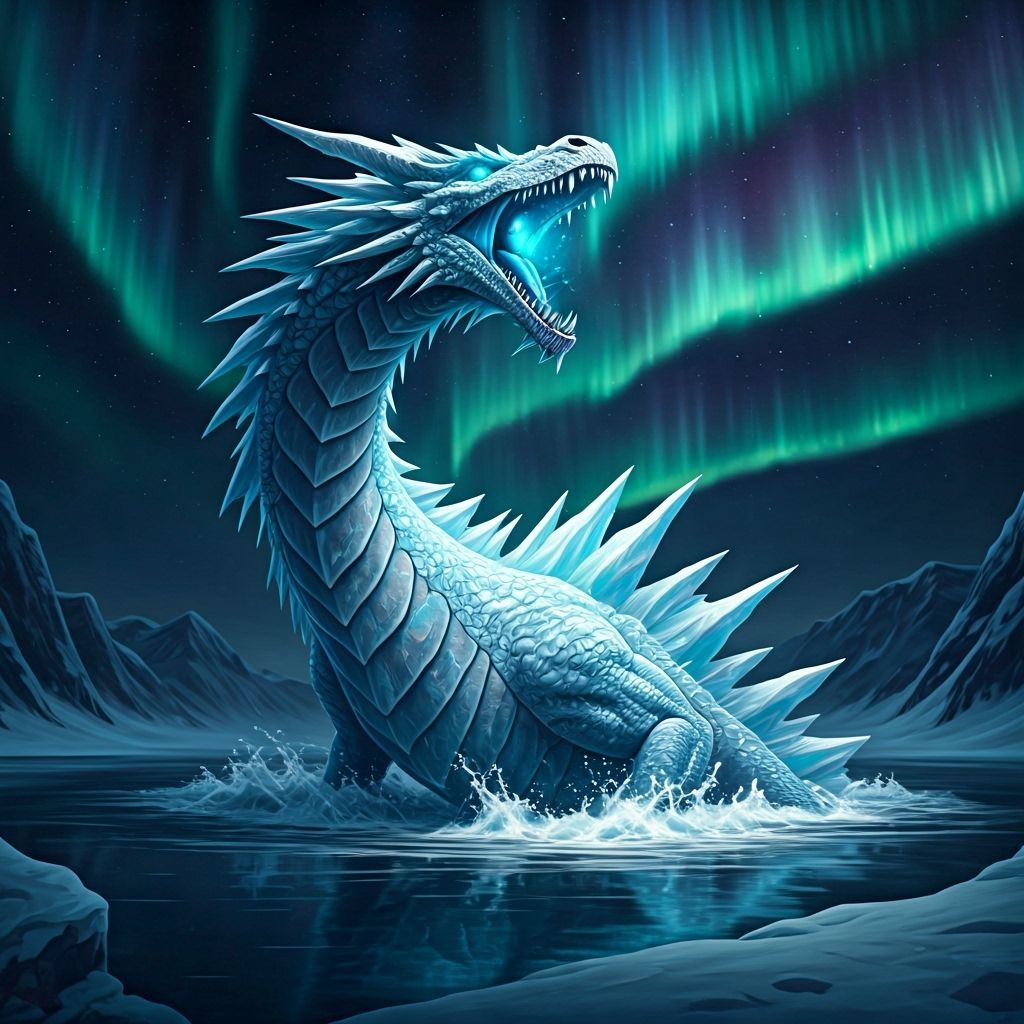 Majestic Ice Dragon Roaring Under Aurora Borealis