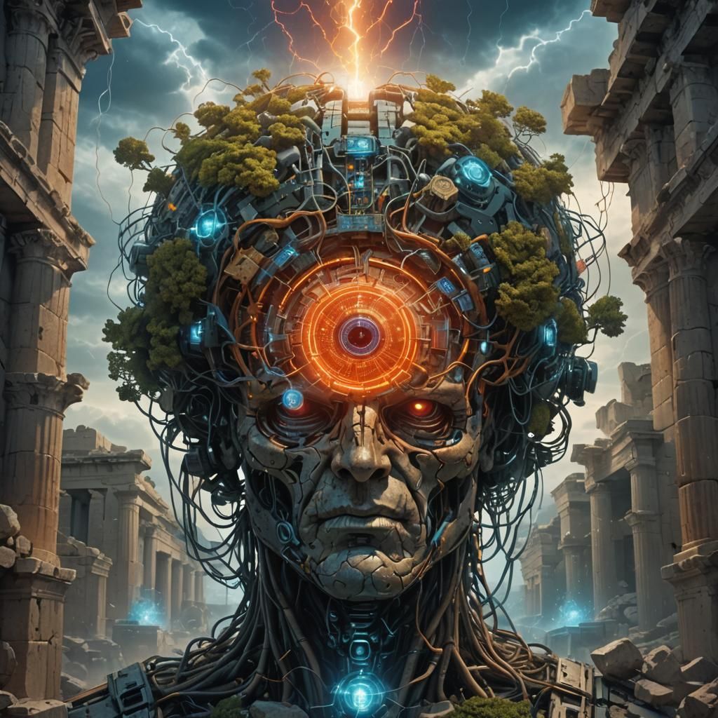 Colossal Cybernetic Brain in Ancient Ruins