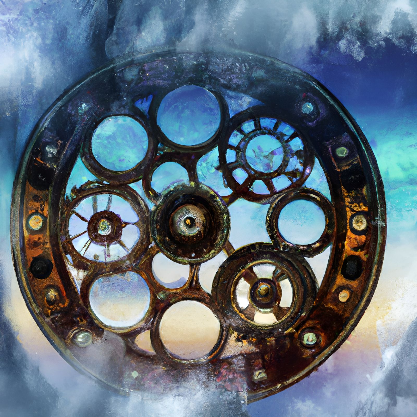 Steampunk Clock in Sky with Dripping Colors