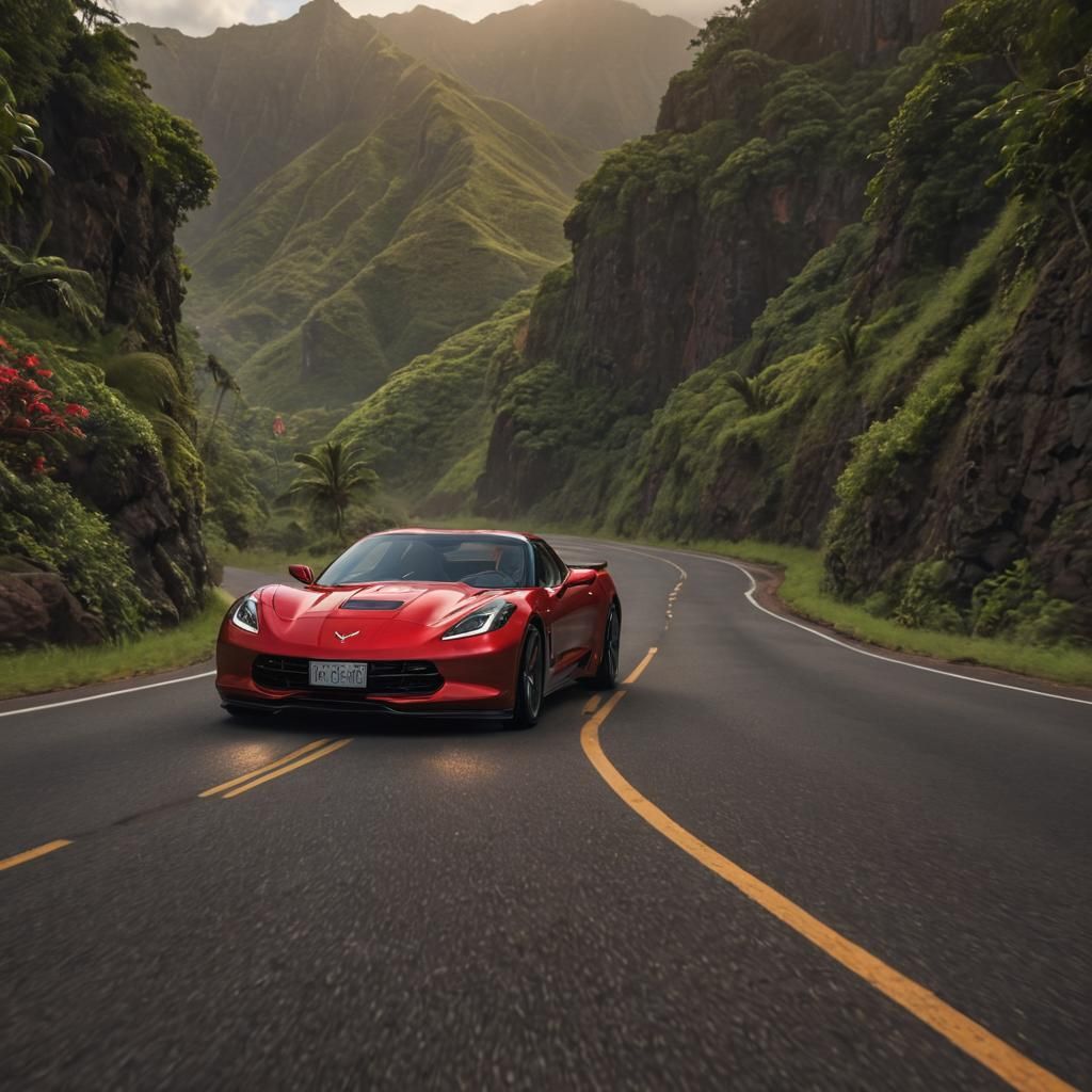 Futuristic Red Corvette Speeds Down Winding Hawaiian Road in...