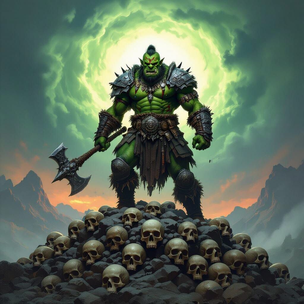 Orc Warrior on Mountain of Skulls in Dark Fantasy Style