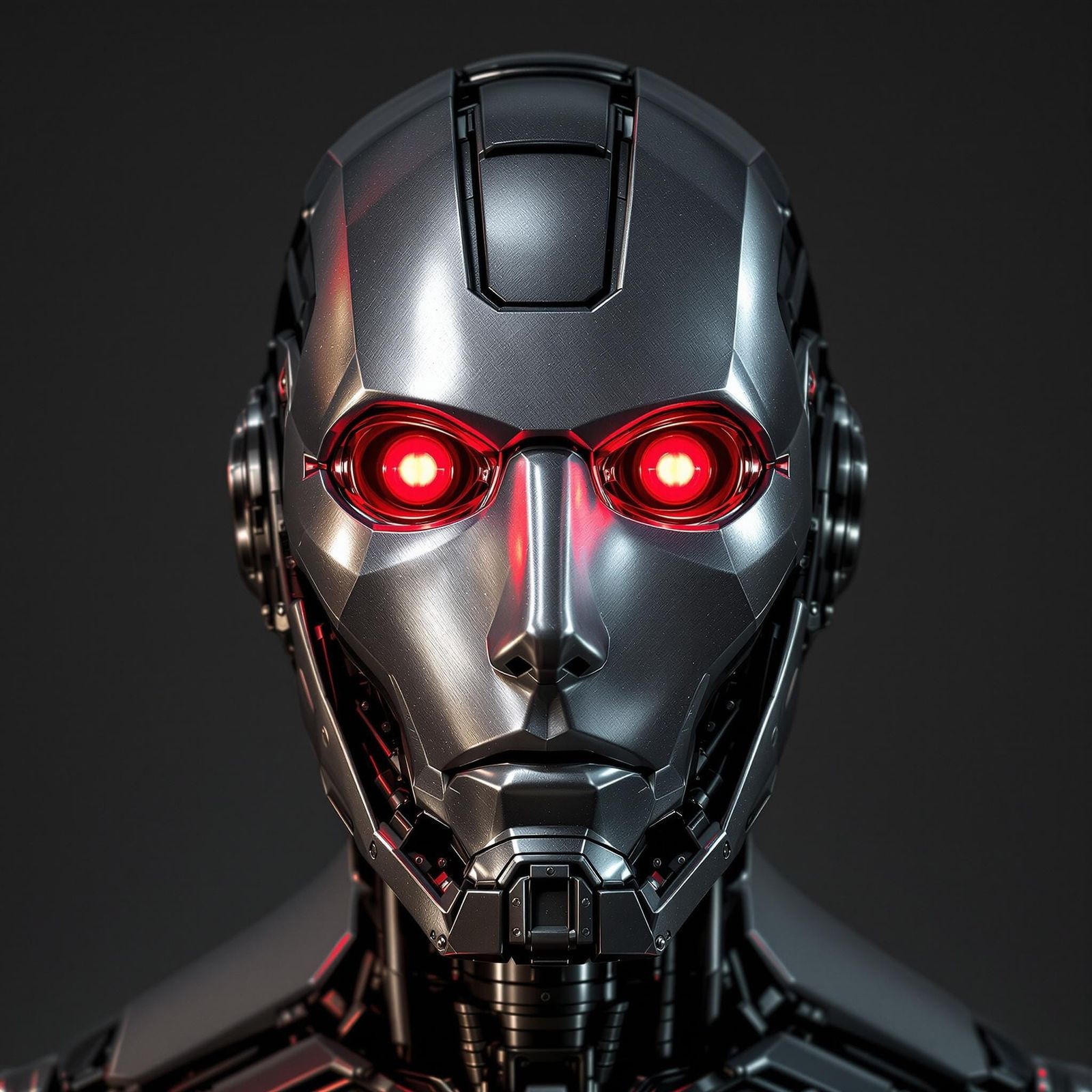 Metal Robot Head with Glowing Red Eyes
