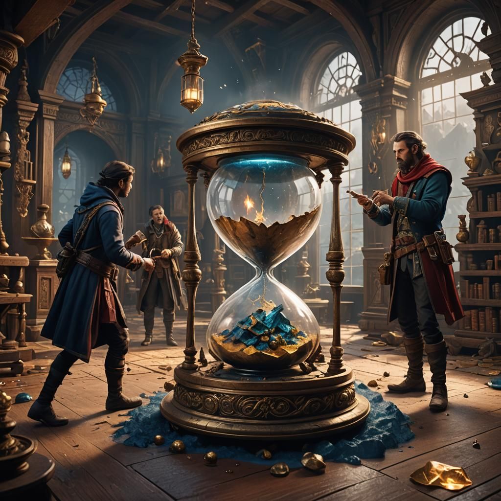 Adventurers Watch Hourglass in Detailed Fantasy Art