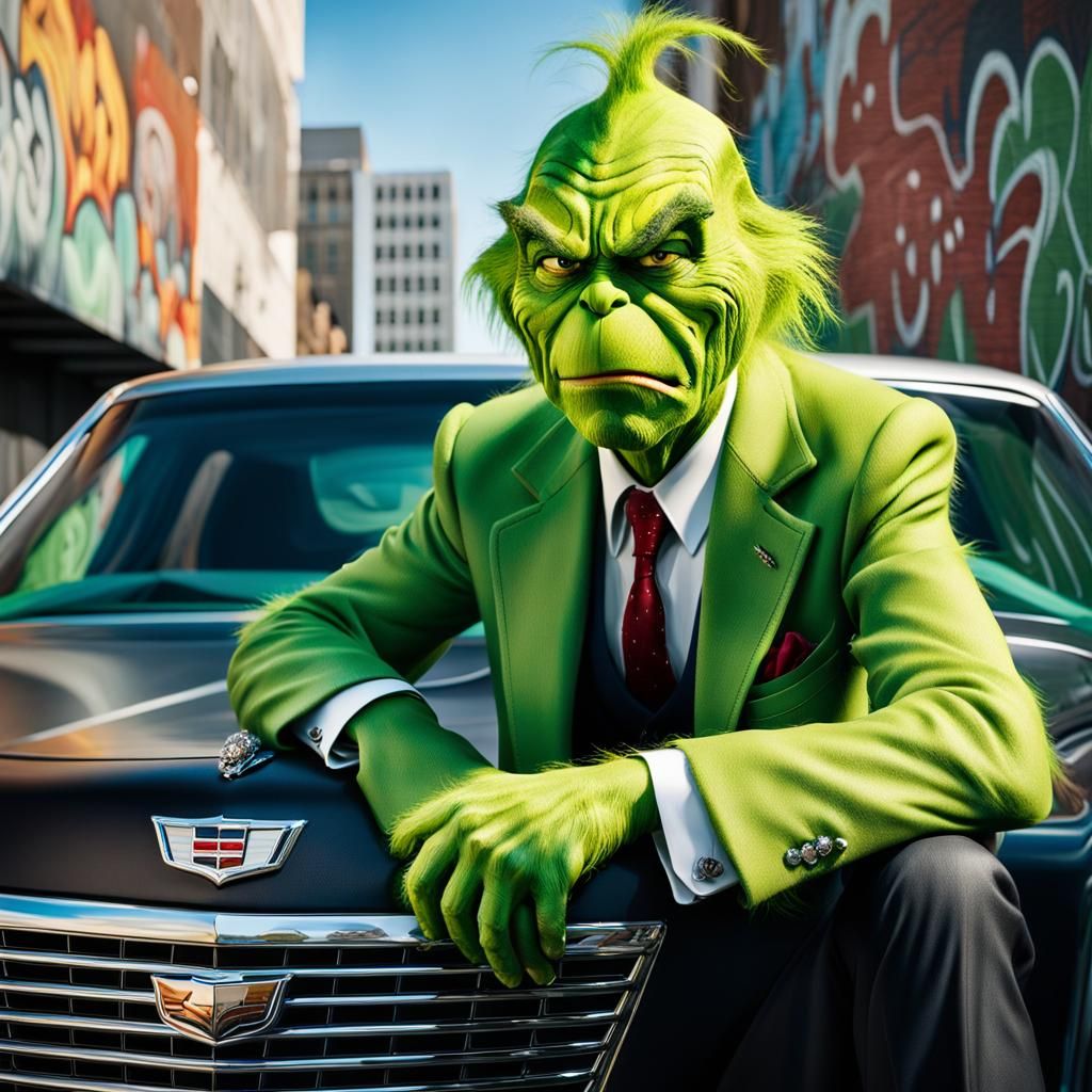 Grinch in Suit on Cadillac, Ultra Realistic Portrait