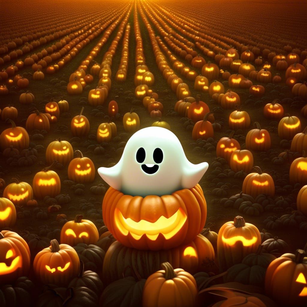 Adorable Ghost in Glowing Pumpkin Field