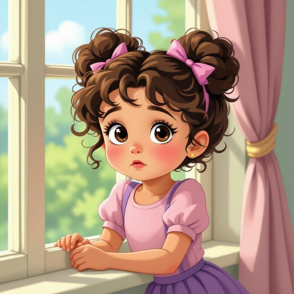 Girl Peeking Boredly From Window in Ghibli Animation Style