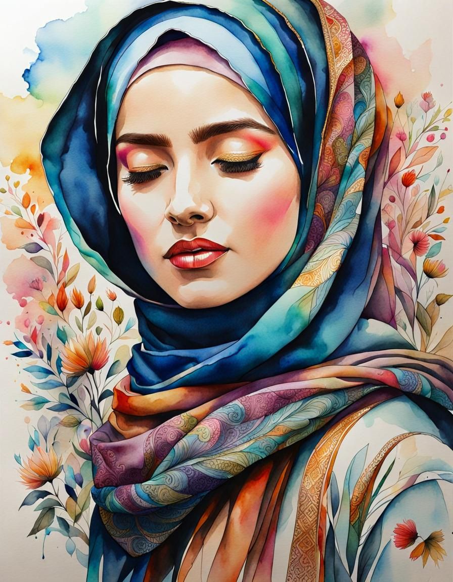 Beautiful Woman in Hijab: Watercolor Ink Drawing