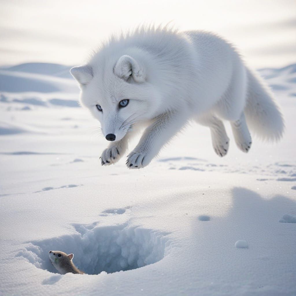 Determined Arctic Fox Dives for Prey in Pristine Snowy Wilde...