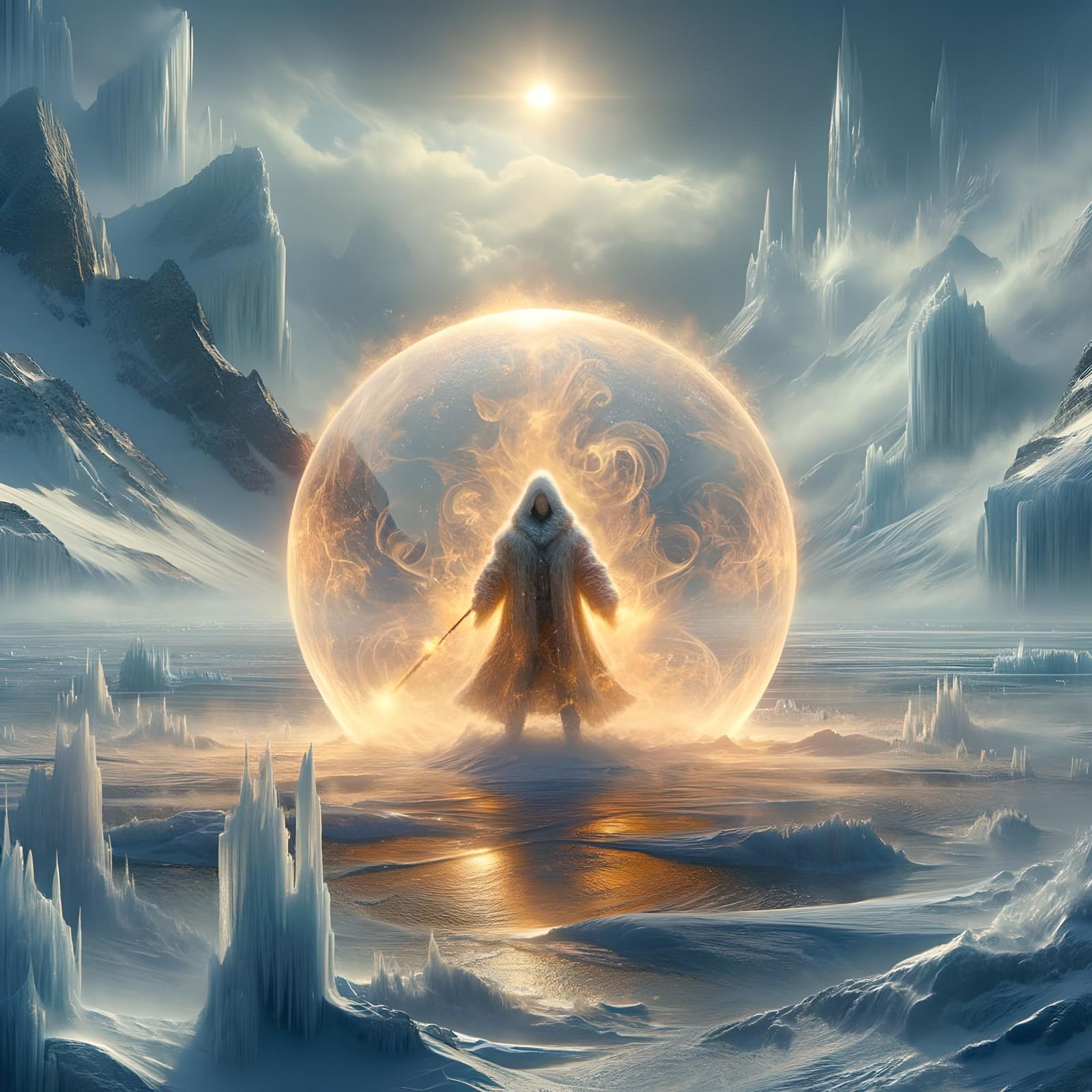 Wizard Sheltered in Golden Sphere Amidst Blizzard