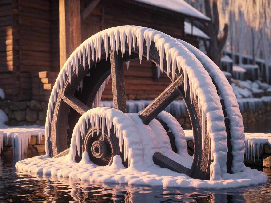 Winter Waterwheel Scene in Rustic Landscape Photography Styl...