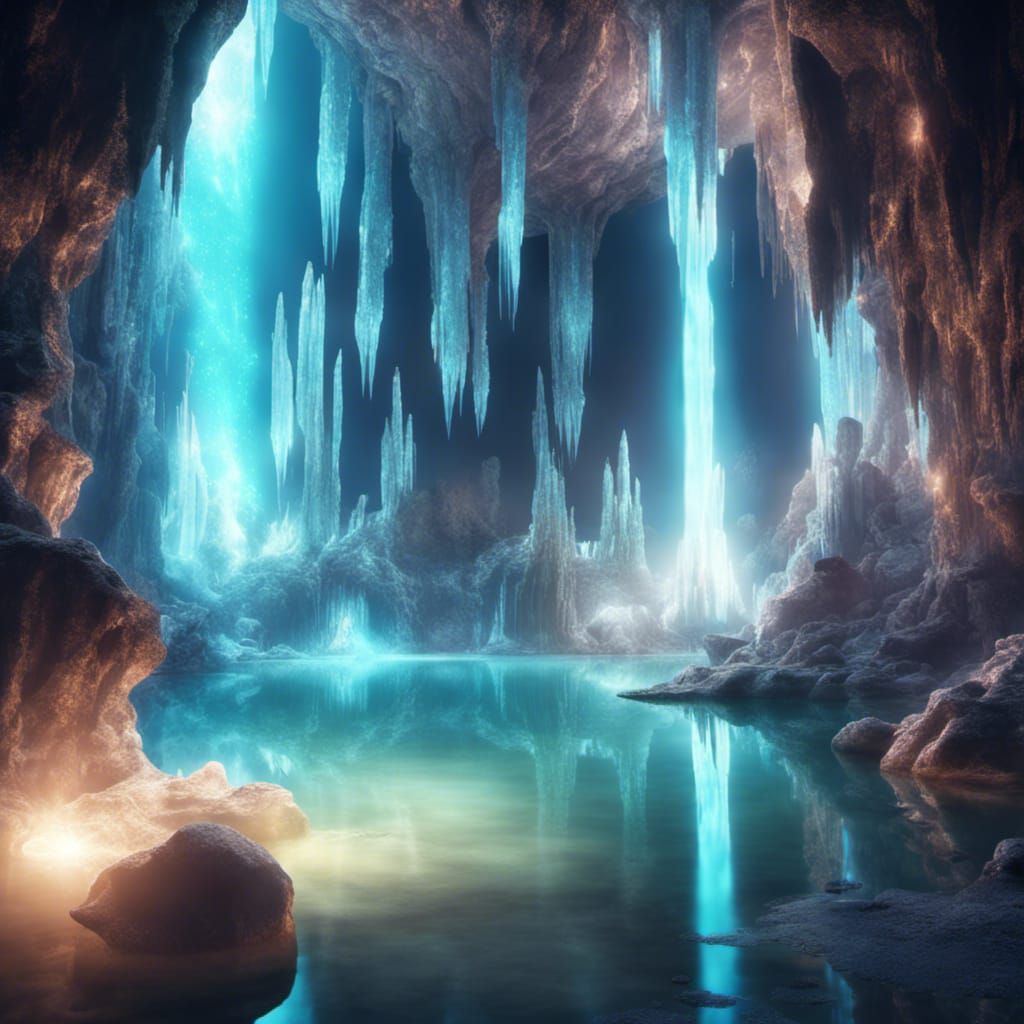 Sparkling Cave with Lake and Waterfall: Cel-Shaded Art
