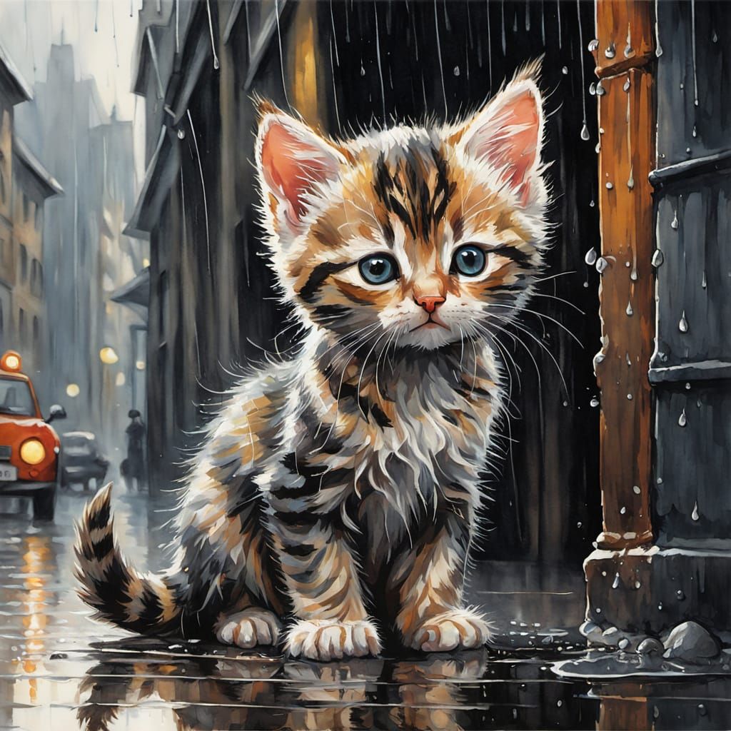 Surreal Watercolor Painting of a Sad Striped Kitten in the R...