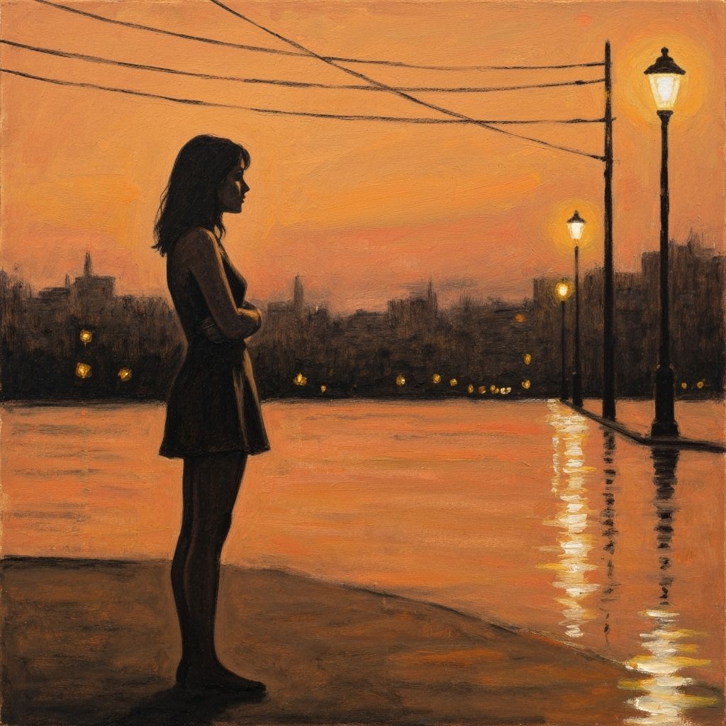 Melancholy Woman Contemplating Orange Cityscape