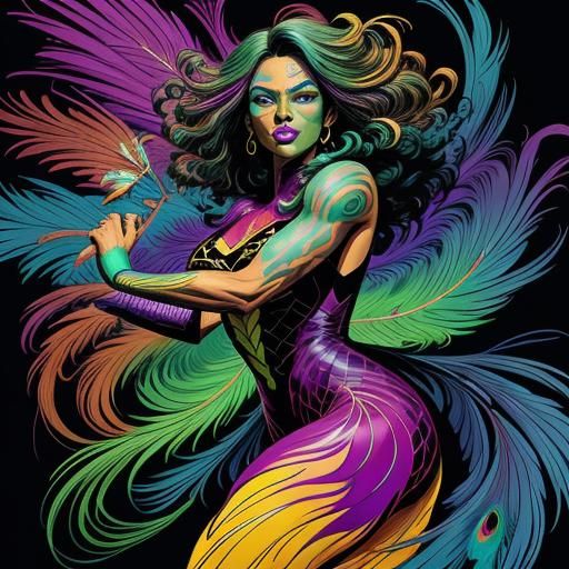 Rainbow Woman with Peacock Hair, as Comic Art