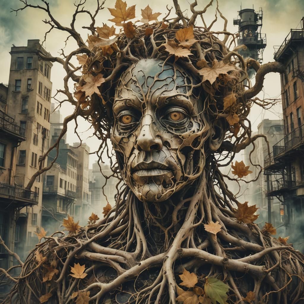 Steampunk Root Creature Double Exposure Portrait