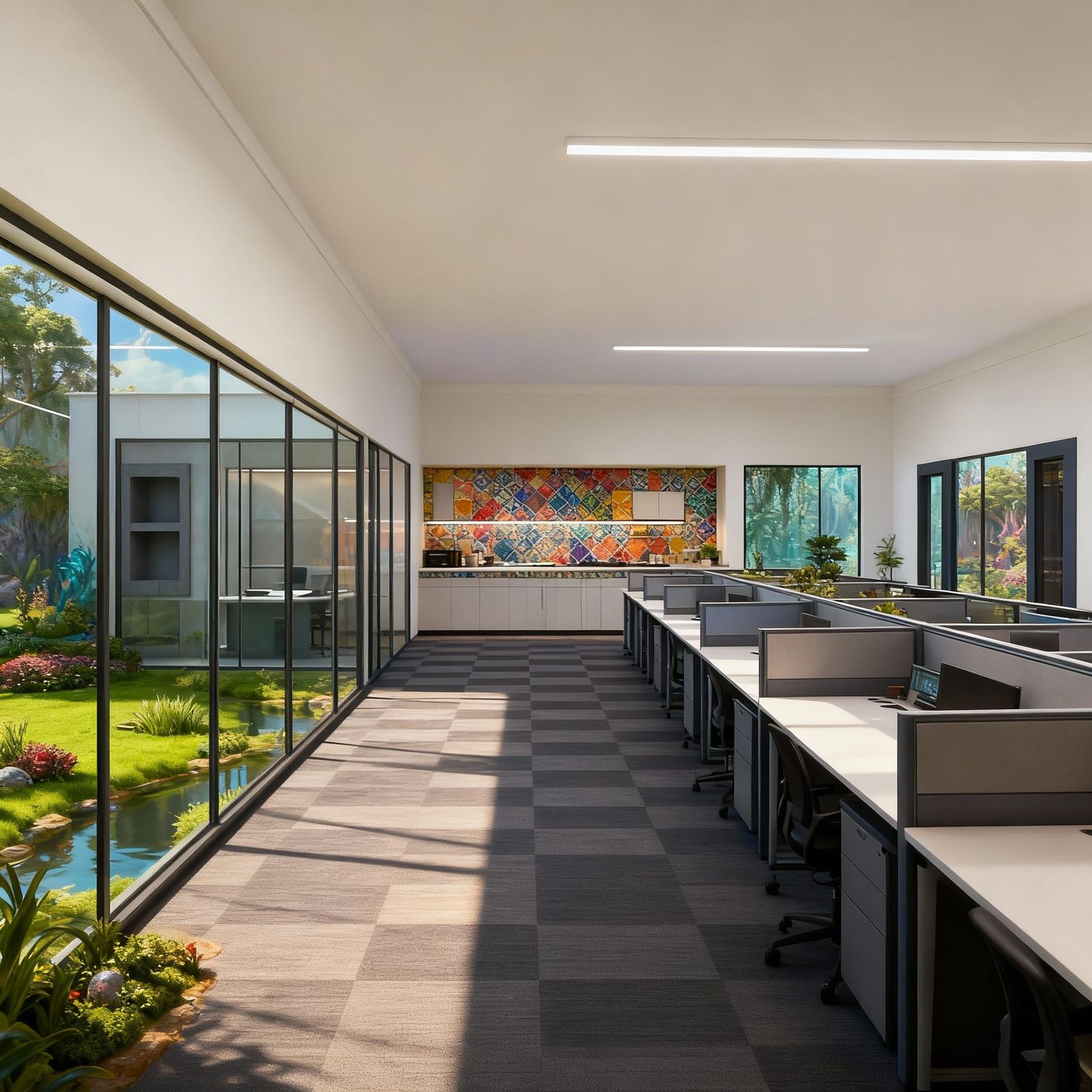 Modern Office with Full Glazing and Lush Landscaping