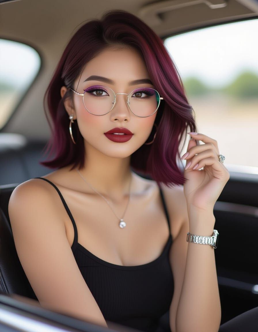 Photorealistic Portrait of a Woman with Burgundy Hair in a C...