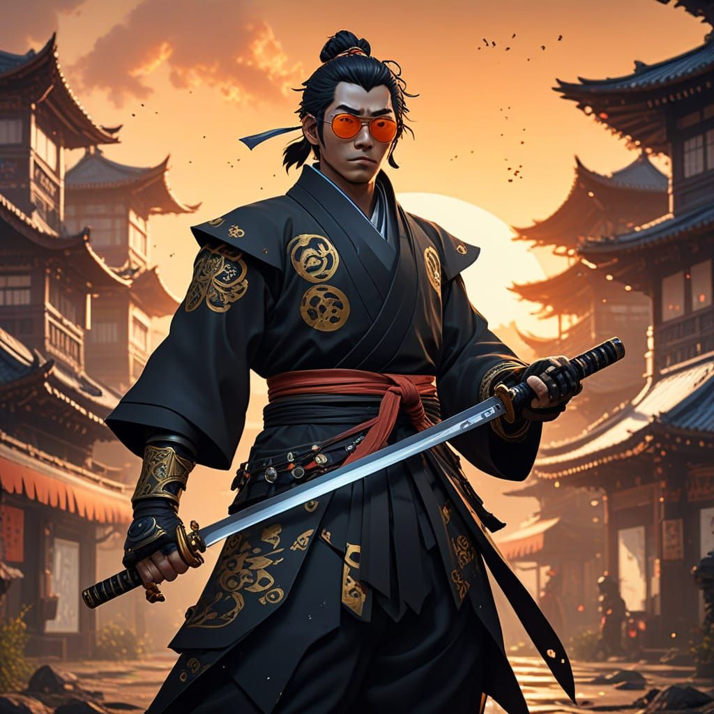 Mysterious Figure in Black Suit Holds Katana in Desolate Tex...