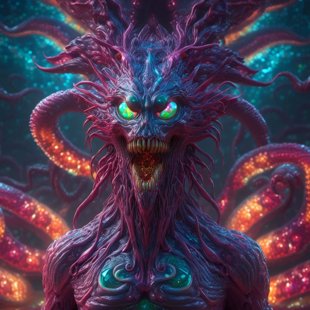 Handsome Kraken-Human Hybrid in Bioluminescent Ocean