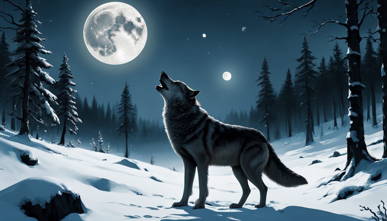 Lone Wolf Howling at Moon in Snowy Forest