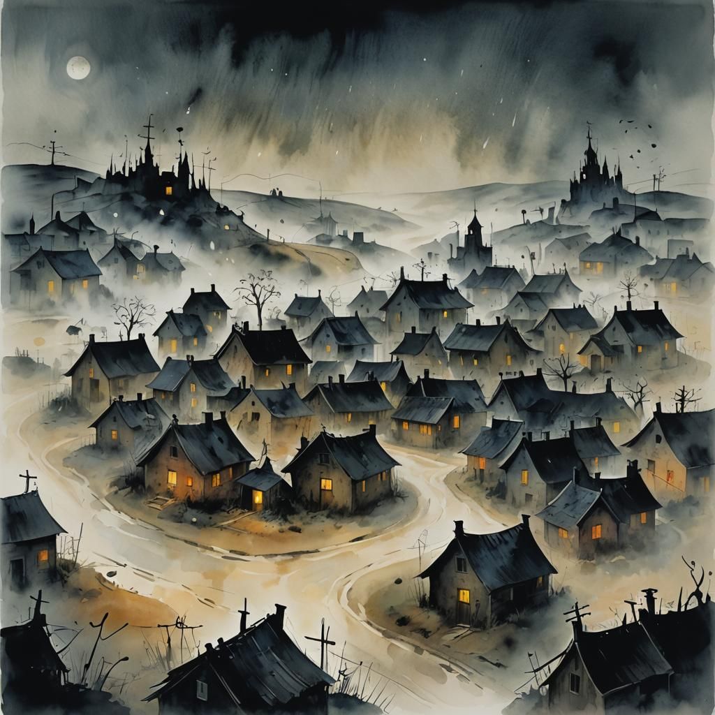 Cartoon Ghost in Foggy Village: Miró Style