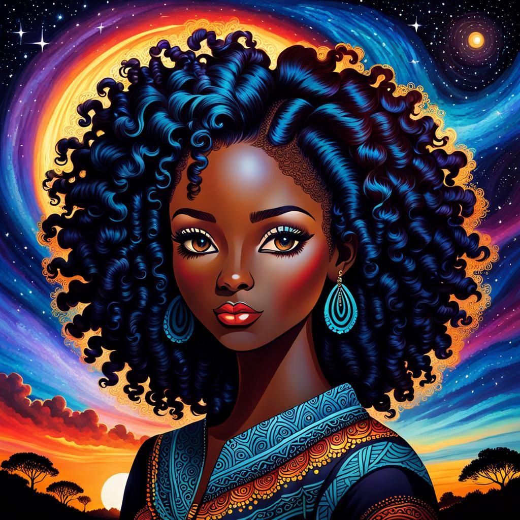 Starlit Silhouette: African Girl in Zentangle Style