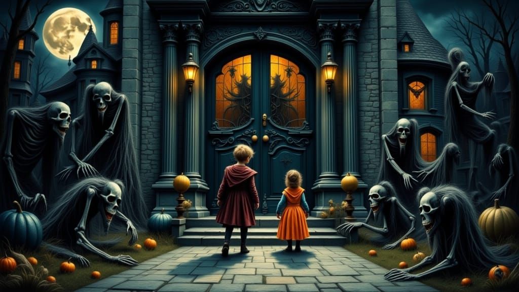 Children Trick-or-Treat at Haunted Gothic Mansion