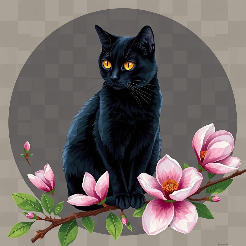 Geometric Abstraction of a Black Cat on a Magnolia Branch