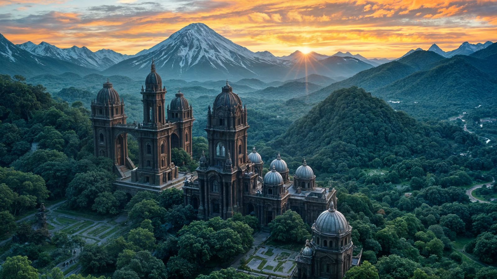 Overgrown City Ruins in Mountain Sunset