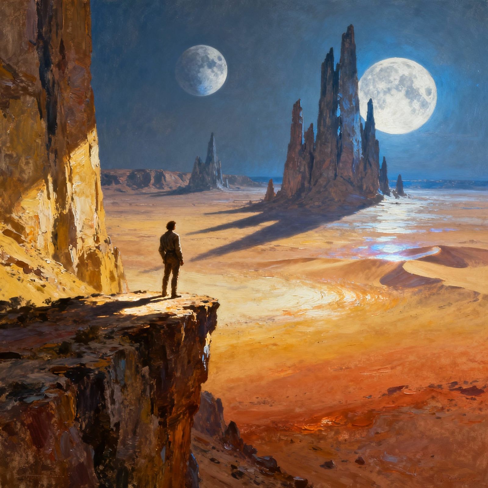 Epic landscapes. Oil painting. A lone figure stands on a cli...