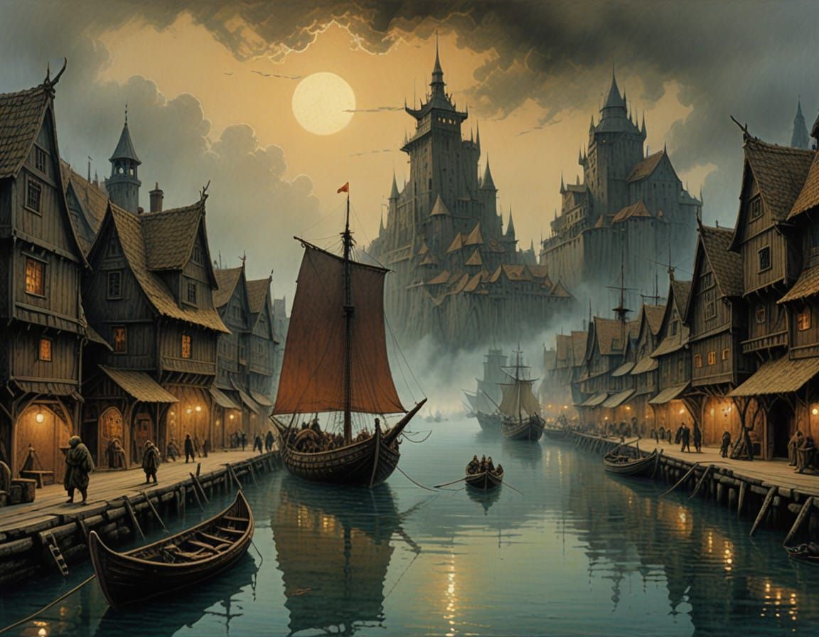 Viking Longship Enters Medieval Port in Epic Fantasy Style
