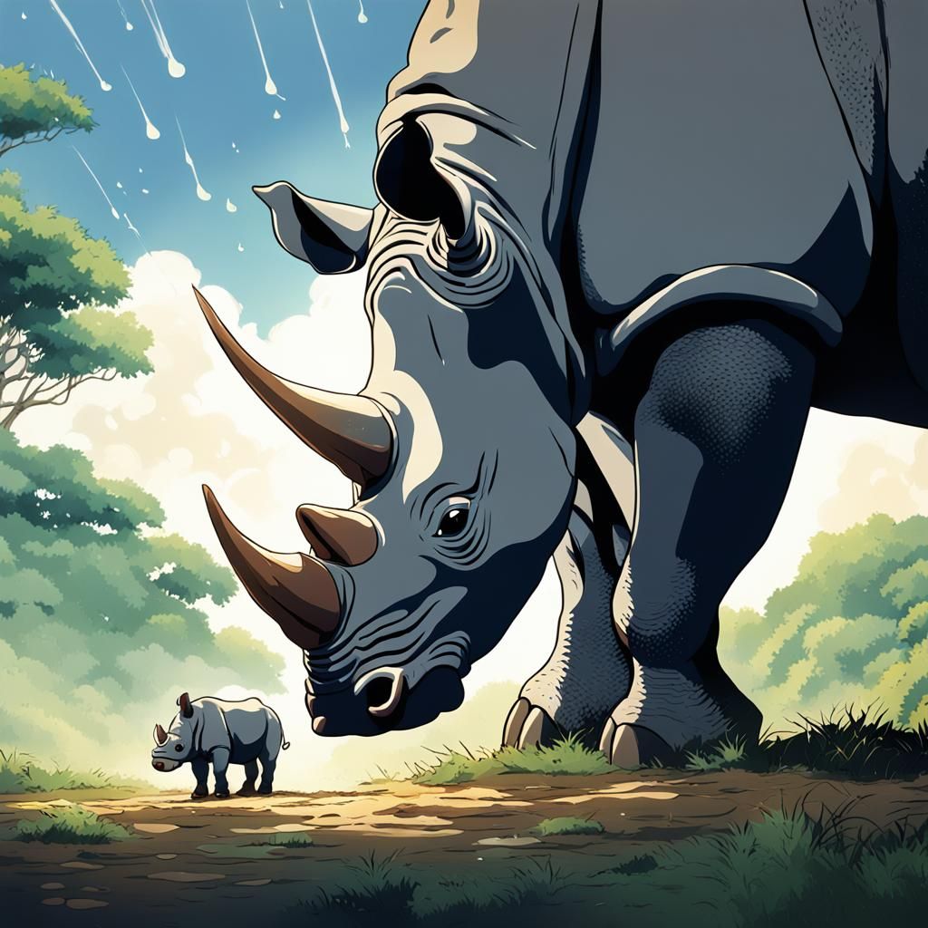 Rhinoceros and Calf: Anime-Style Key Visual