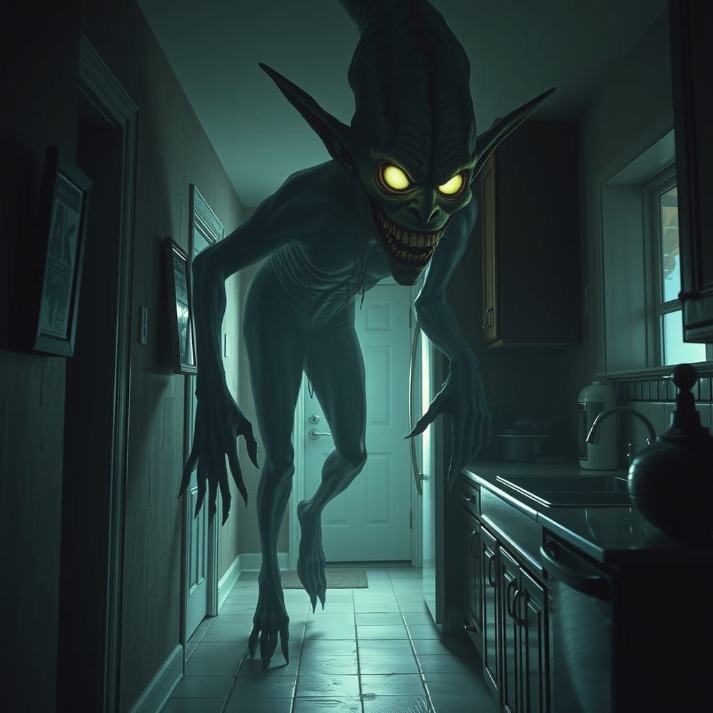 Nightmarish Elf Haunting Liminal House Interior