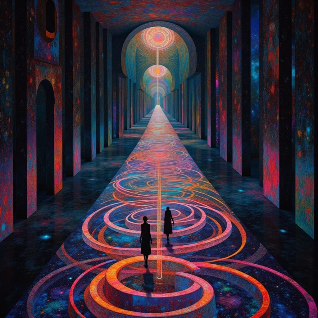 Colorful Maze Explorers in Cavernous Hall