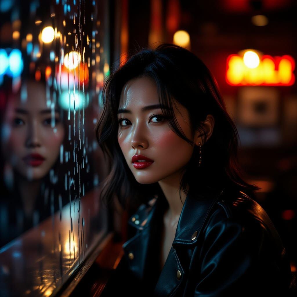 Korean Woman Gazes From Rainy Jazz Club Window