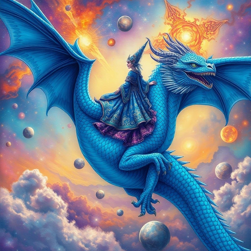 Blue Dragon with Rider in Cosmic Sky