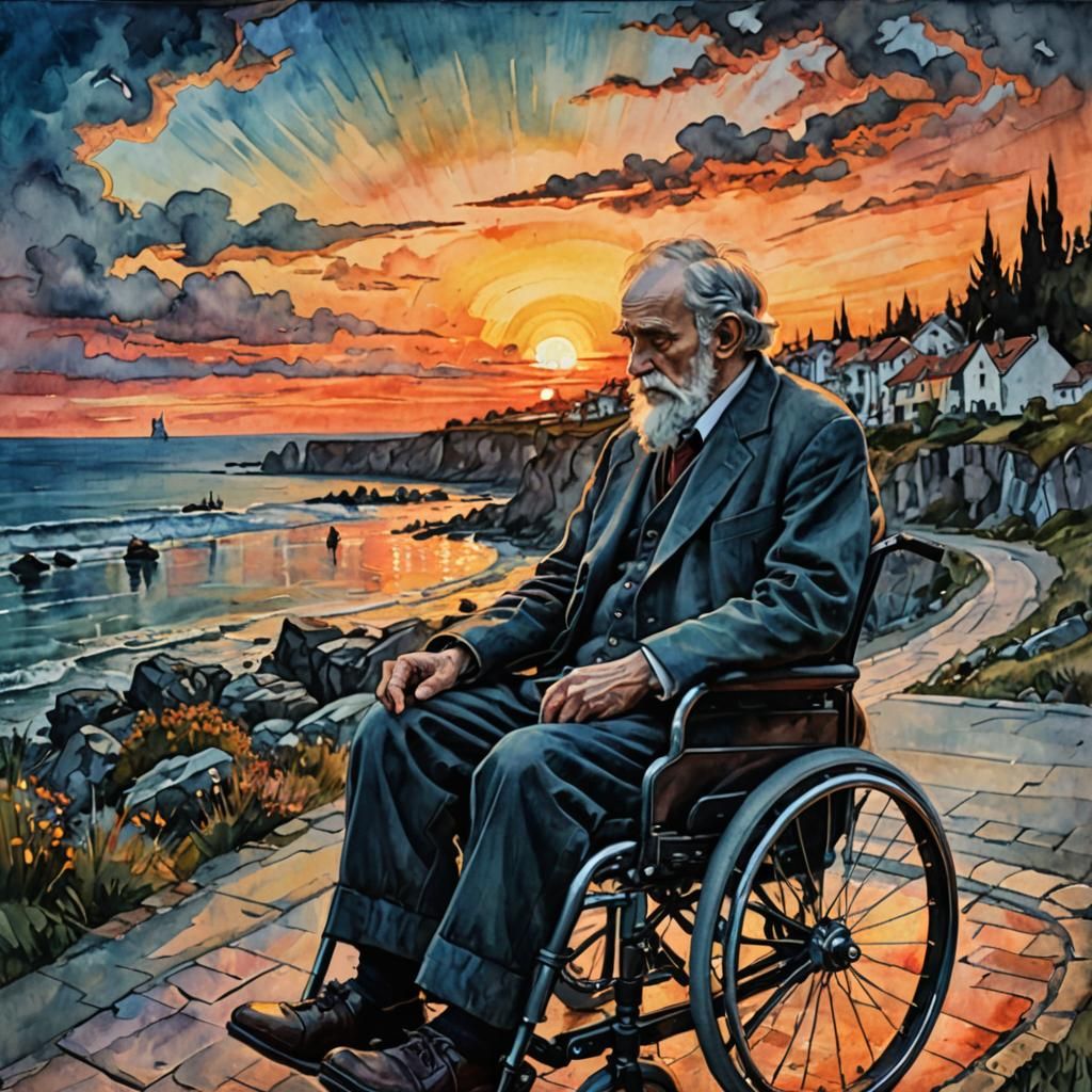 Grandfather and Granddaughter Watching Sunset, Watercolour A...