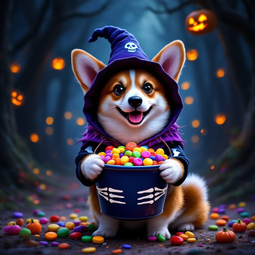 Cute Corgi in Skeleton Costume with Candy Bucket
