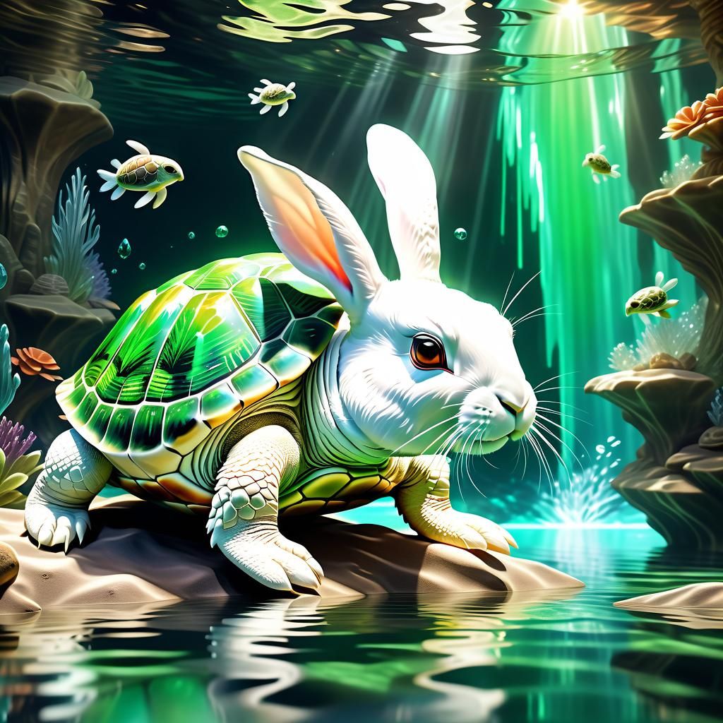 Crystal Rabbit and Turtle with Crystalline Waterfall