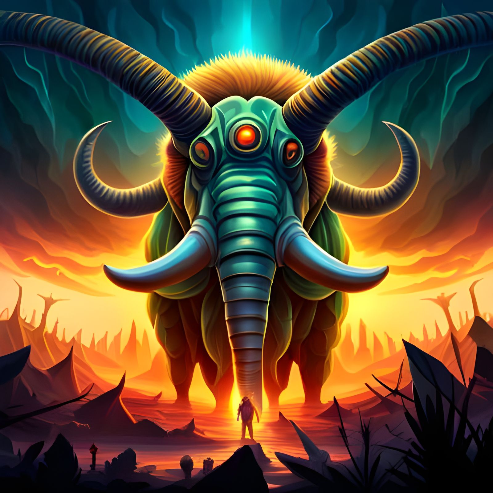 Biopunk Mammoth in Exploded Jungle: Digital Illustration